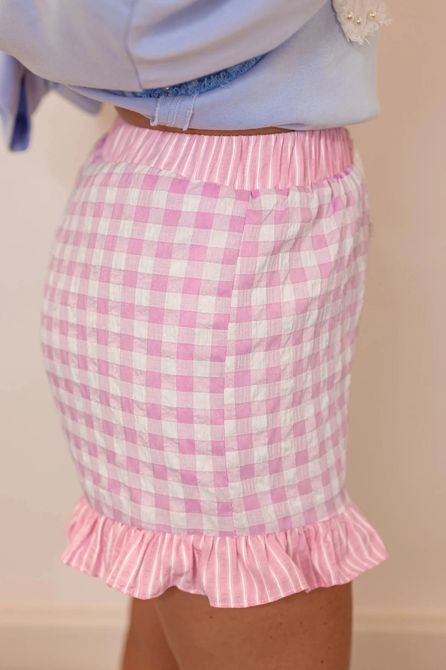 Gingham Ruffle Hem Shorts High Waist Casual Summer