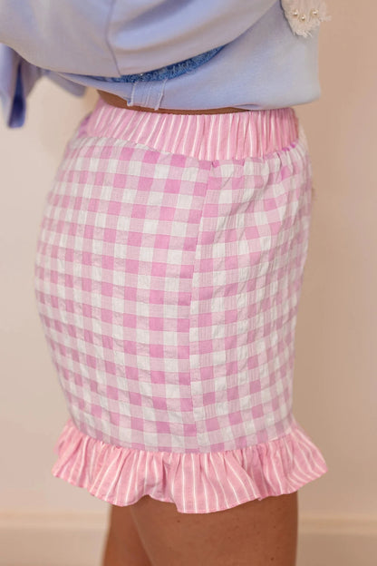 Gingham Ruffle Hem Shorts High Waist Casual Summer