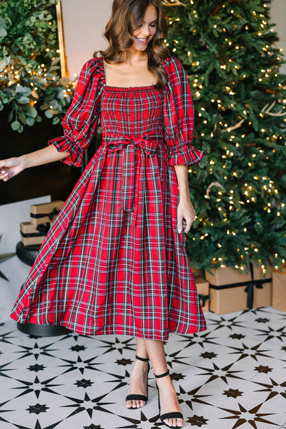 Red Tartan Plaid Puff Sleeve Smocked Waist Christmas Dress
