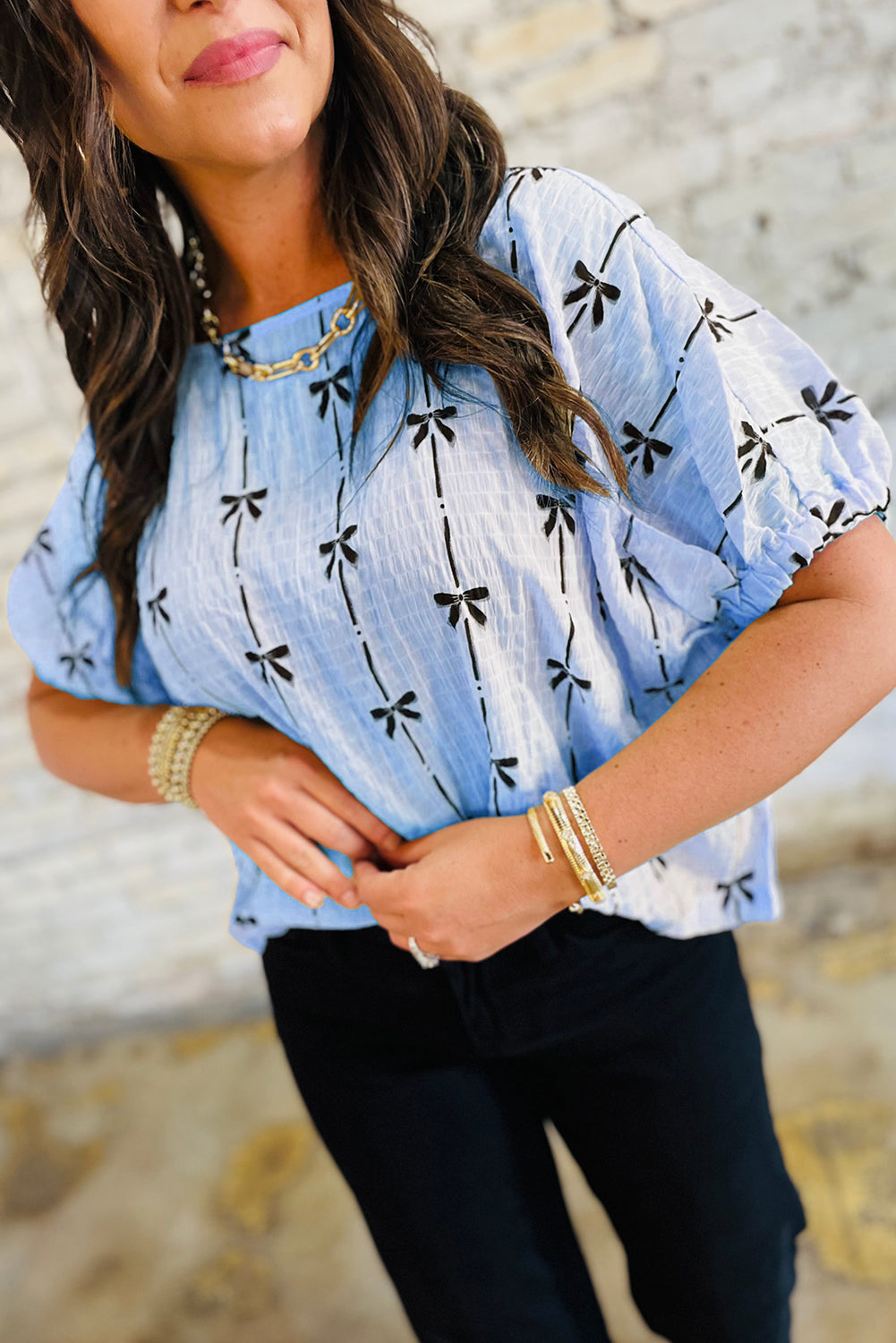 Beige Bow Print Puff Sleeve Blouse Casual Top