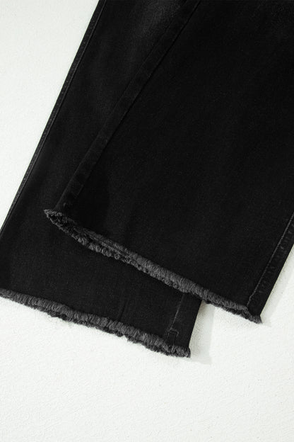 High Waisted Cropped Straight Leg Jeans Raw Hem Denim