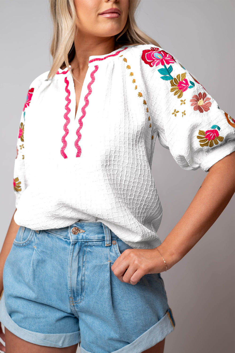 Floral Embroidered Ricrac Puff Sleeve Textured Blouse