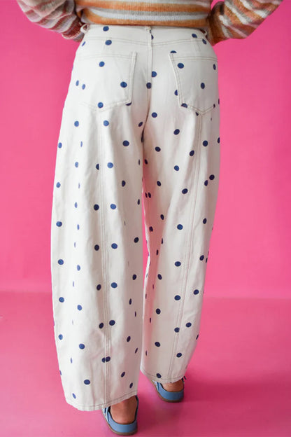 Blue Polka Dot Barrel Jeans High Waist Wide Leg Pants