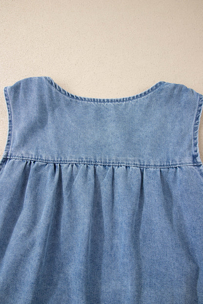 Washed Denim Ruffle Panel Babydoll Sleeveless Top