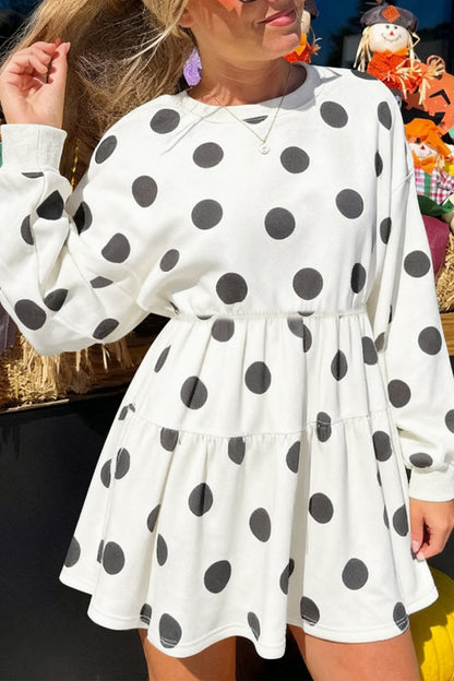 Pink Polka Dot Long Sleeve Tiered Mini Dress