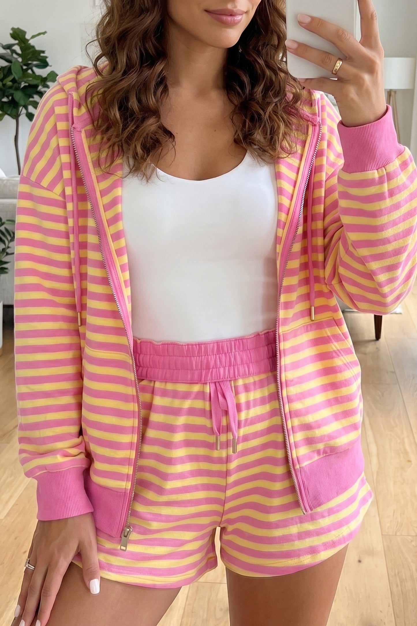 Striped Zip Up Hoodie Shorts Set Lounge Outfit
