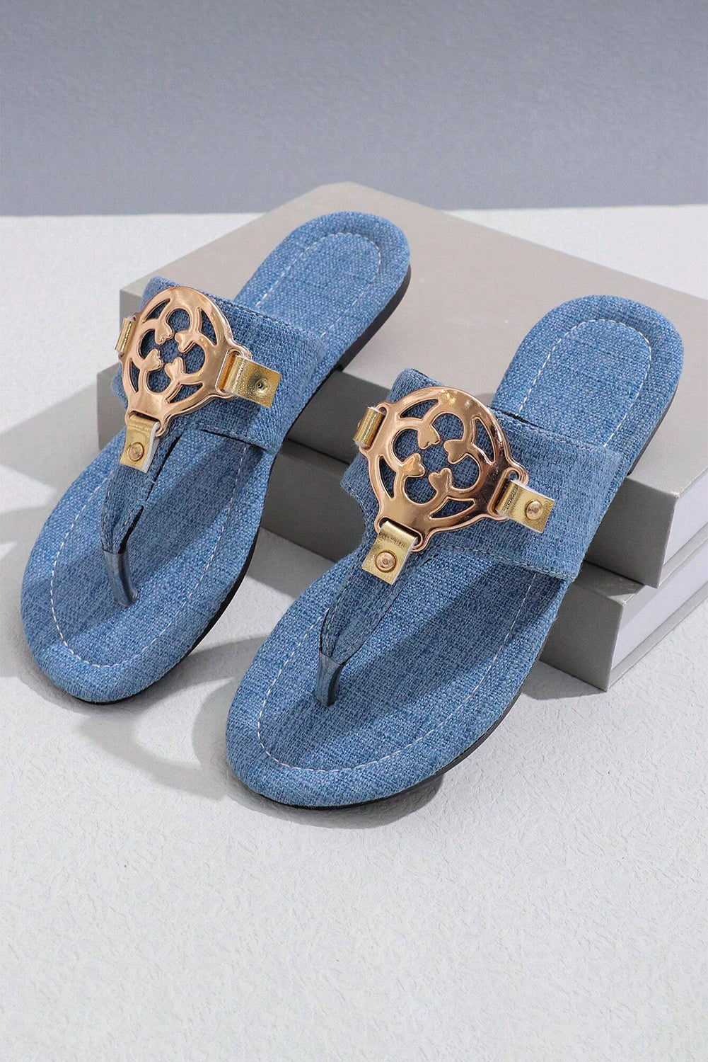 Chestnut Metal Décor Leather Thong Slippers