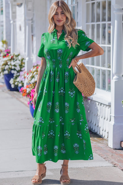 Floral Smocked Waist Maxi Dress Split Neck Boho