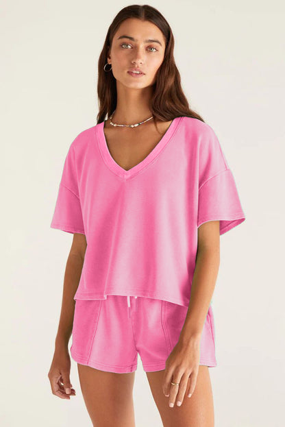 Pink V Neck Lounge Set Drawstring Shorts 2 Piece Set