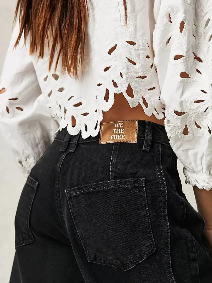 Leopard Print Washed Denim Barrel Leg Jeans High Rise