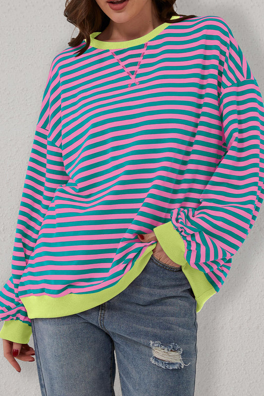 Vibrant Striped Oversized Pullover Sweatshirt with Neon Accents
