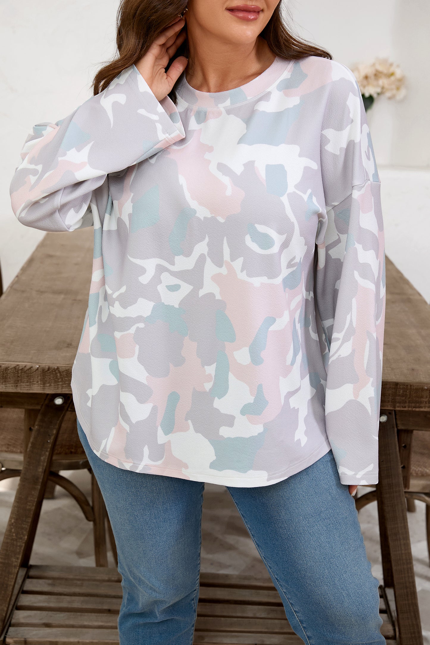 Plus Size Pink Green Camo Drop Shoulder Loose Pullover Top