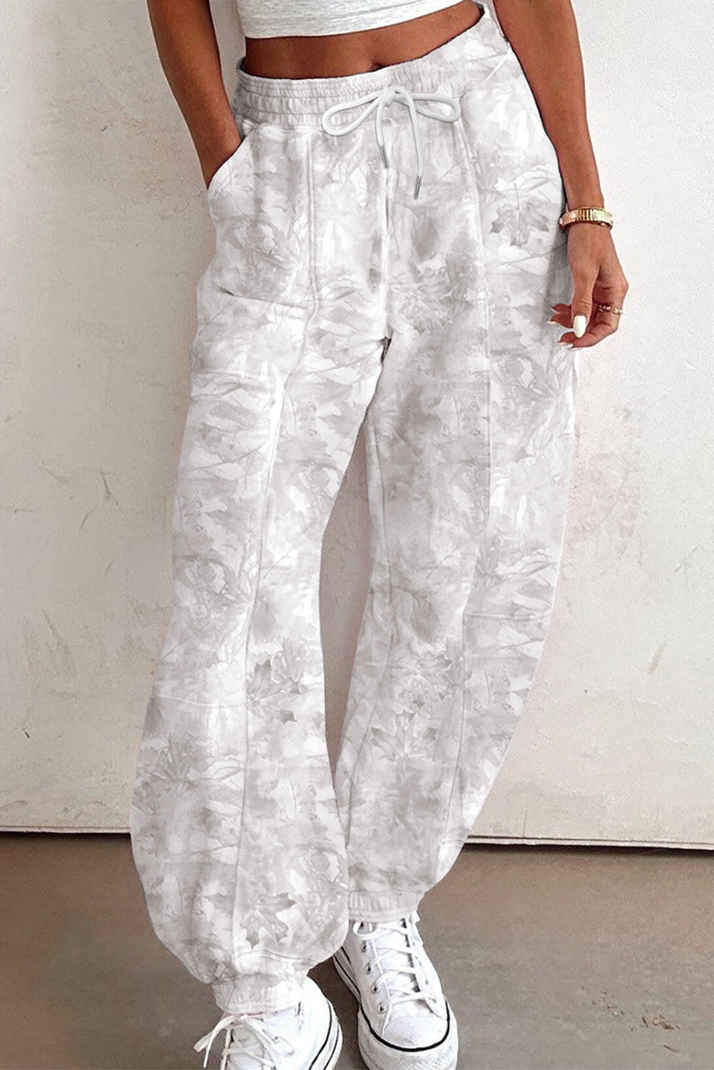 Beige Camo Print Drawstring Baggy Jogger Pants