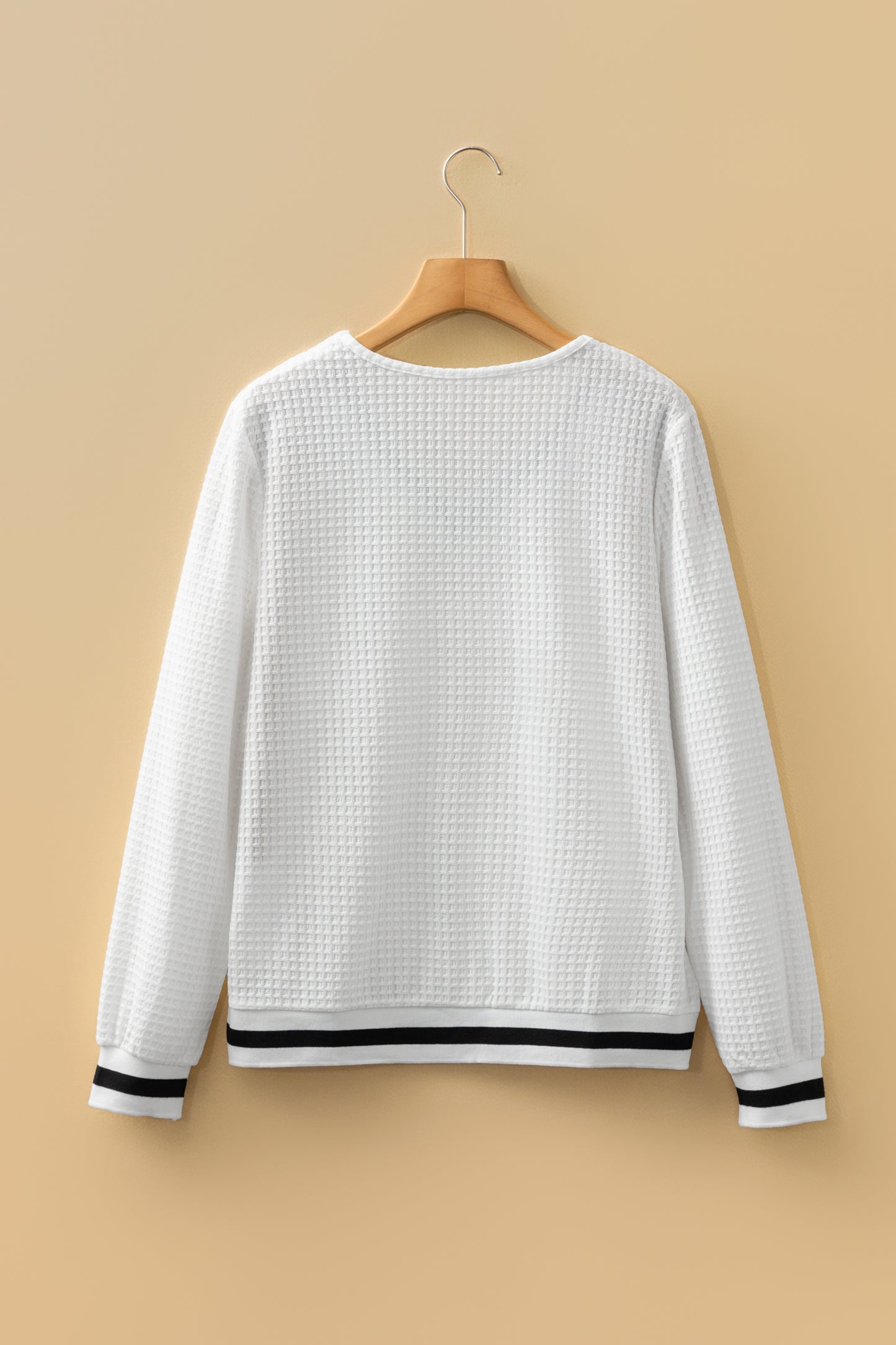 White Waffle Knit V Neck Long Sleeve Top with Striped Trim