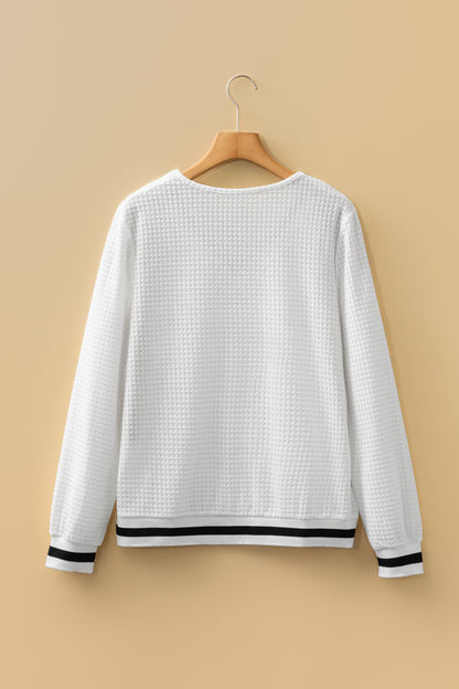 White Waffle Knit V Neck Long Sleeve Top with Striped Trim