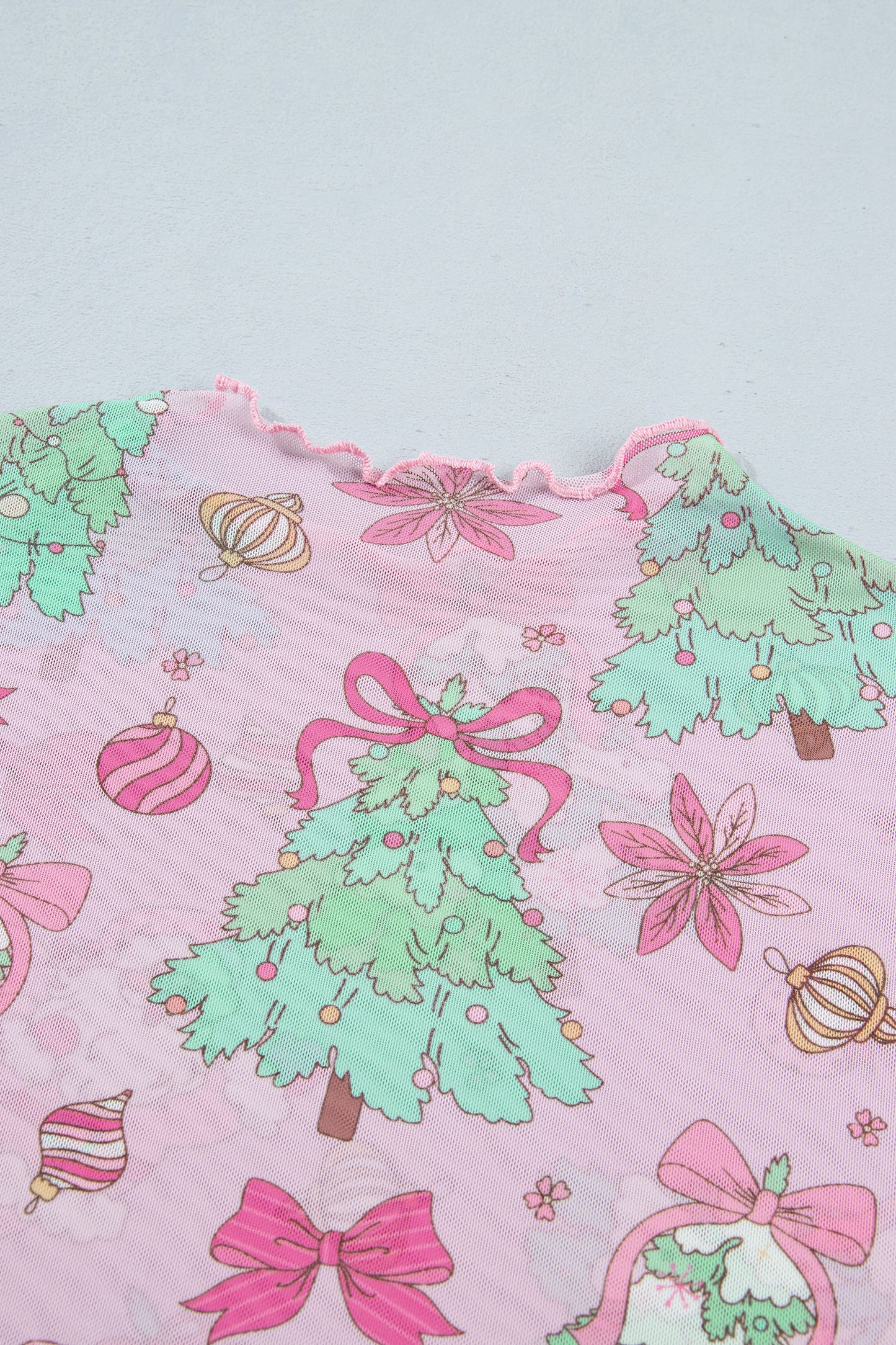 Pink Christmas Print Mock Neck Mesh Long Sleeve Top