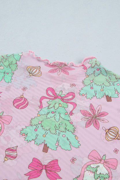 Pink Christmas Print Mock Neck Mesh Long Sleeve Top