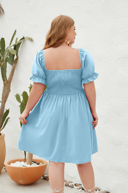 Women's Square Neck Flounce Short Sleeve Shirred Ruffle Hem Dress