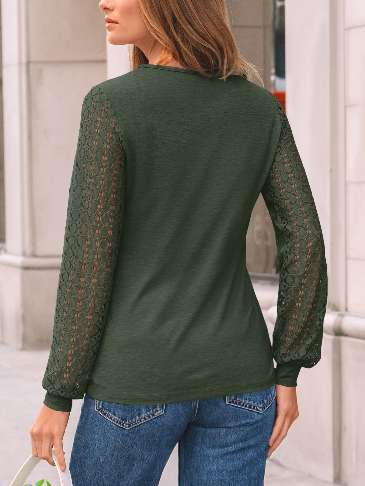 Lace Sleeve Patchwork Knit Pullover Top for Women