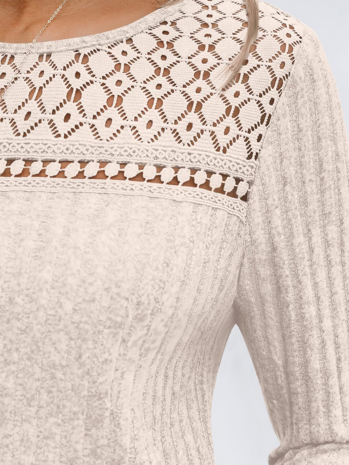 Ribbed Knit Pullover with Lace Panel Long Sleeves
