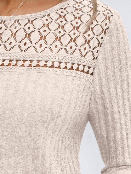 Ribbed Knit Pullover with Lace Panel Long Sleeves