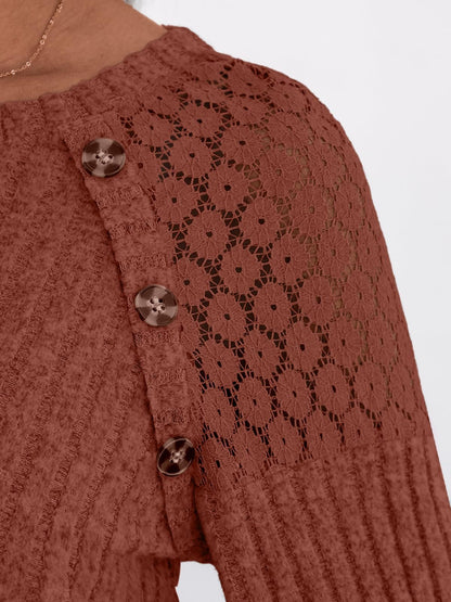 Solid Ribbed Knit Button Pullover with Lace & Buttons