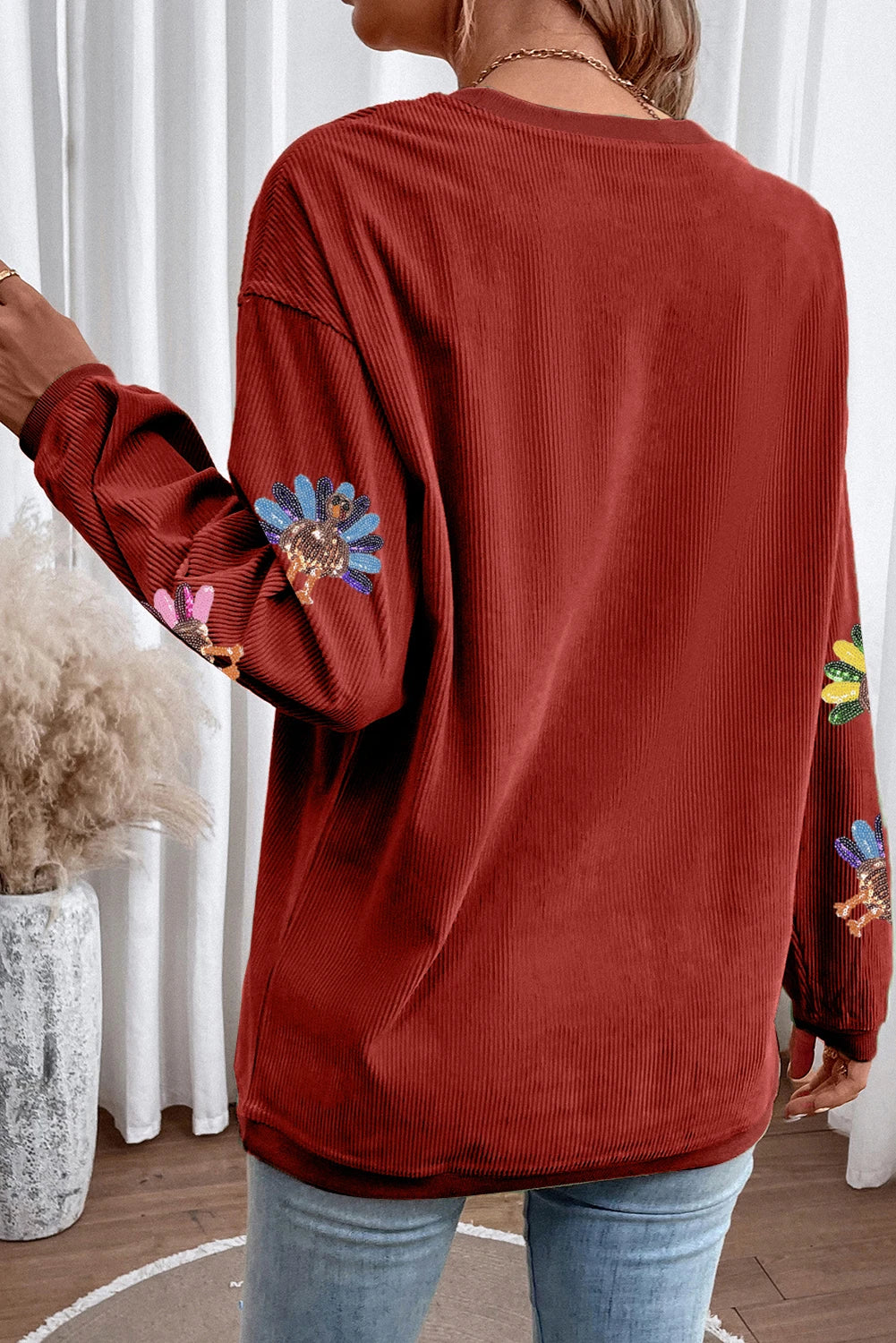 Sequined Turkey Corded Oversized Thanksgiving Sweatshirt
