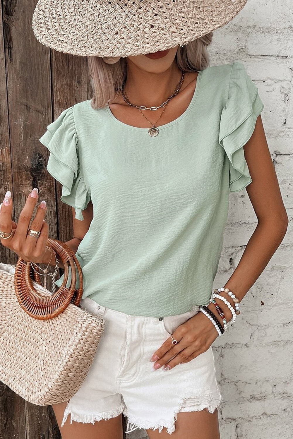 Clearly Aqua Ruffle Sleeve Summer Casual Blouse Top