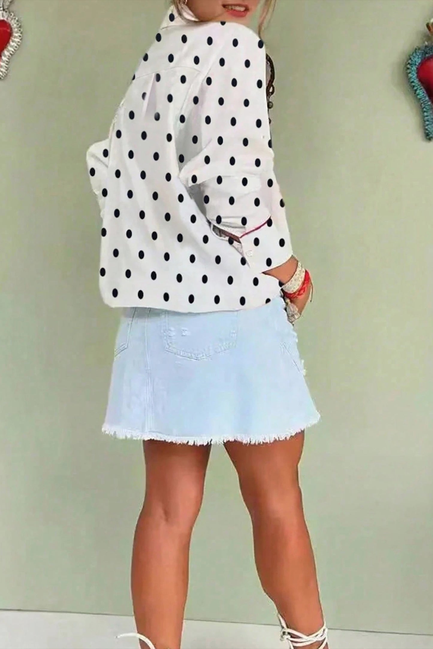 White Polka Dot Contrast Trim Button Up Blouse