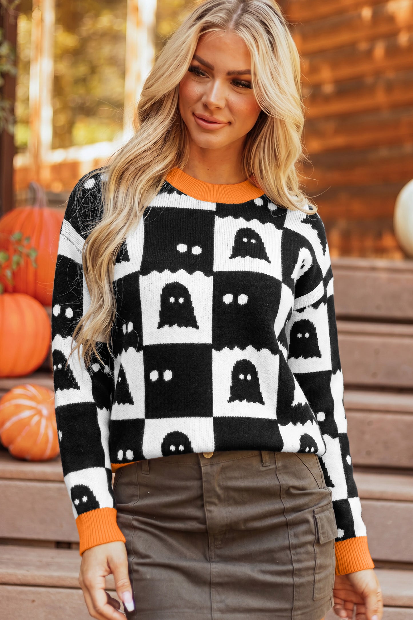 Halloween Ghost Print Checkerboard Knit Sweater