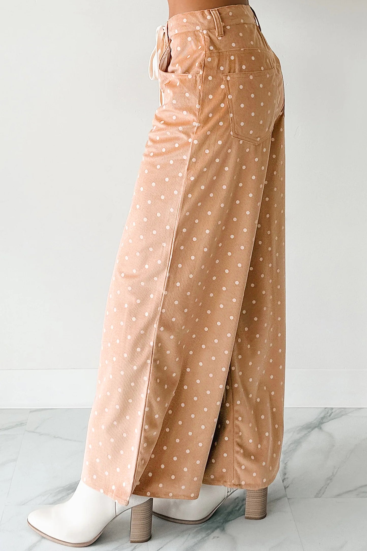 Khaki Polka Dot Drawstring Wide Leg Pants