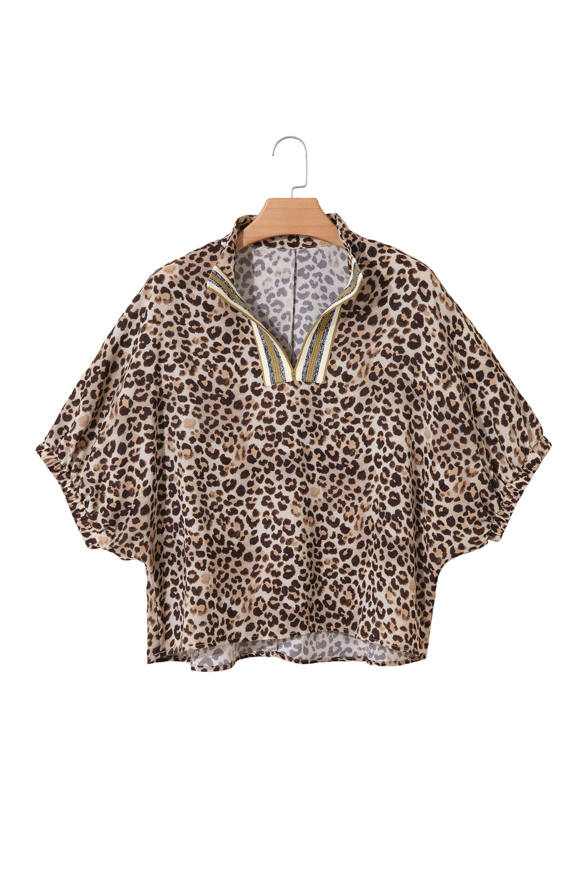 Leopard Print V Neck Contrast Trim Puff Sleeve Blouse