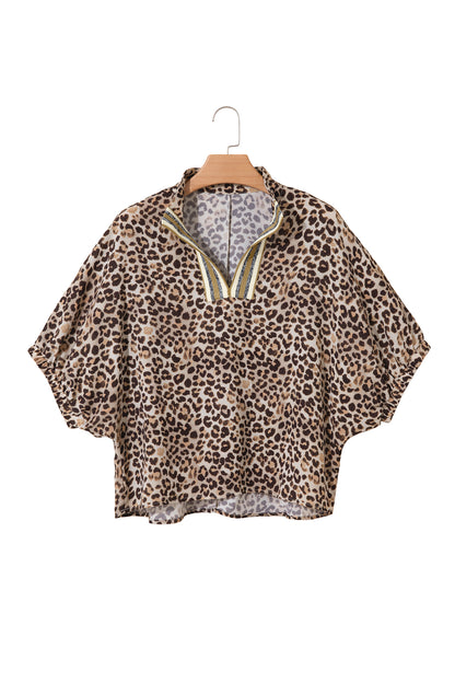 Leopard Print V Neck Contrast Trim Puff Sleeve Blouse