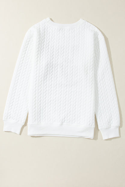 White LUCKY Chenille Embroidered Cable Knit Pullover Sweatshirt