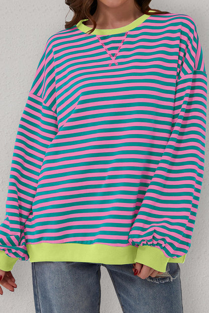 Sky Blue Stripe Oversized Contrast Trim Pullover Sweatshirt