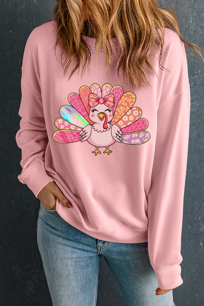Pink Turkey Thanksgiving Graphic Drop Shoulder Sweatshirt