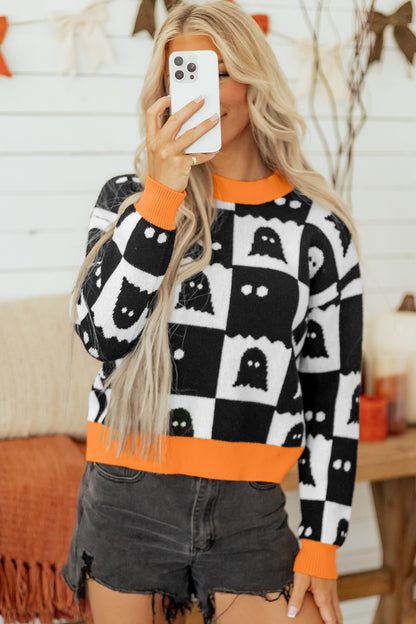 Halloween Ghost Print Checkerboard Knit Sweater
