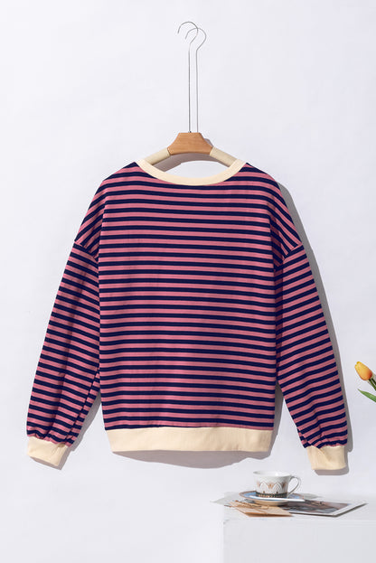 Sky Blue Stripe Oversized Contrast Trim Pullover Sweatshirt