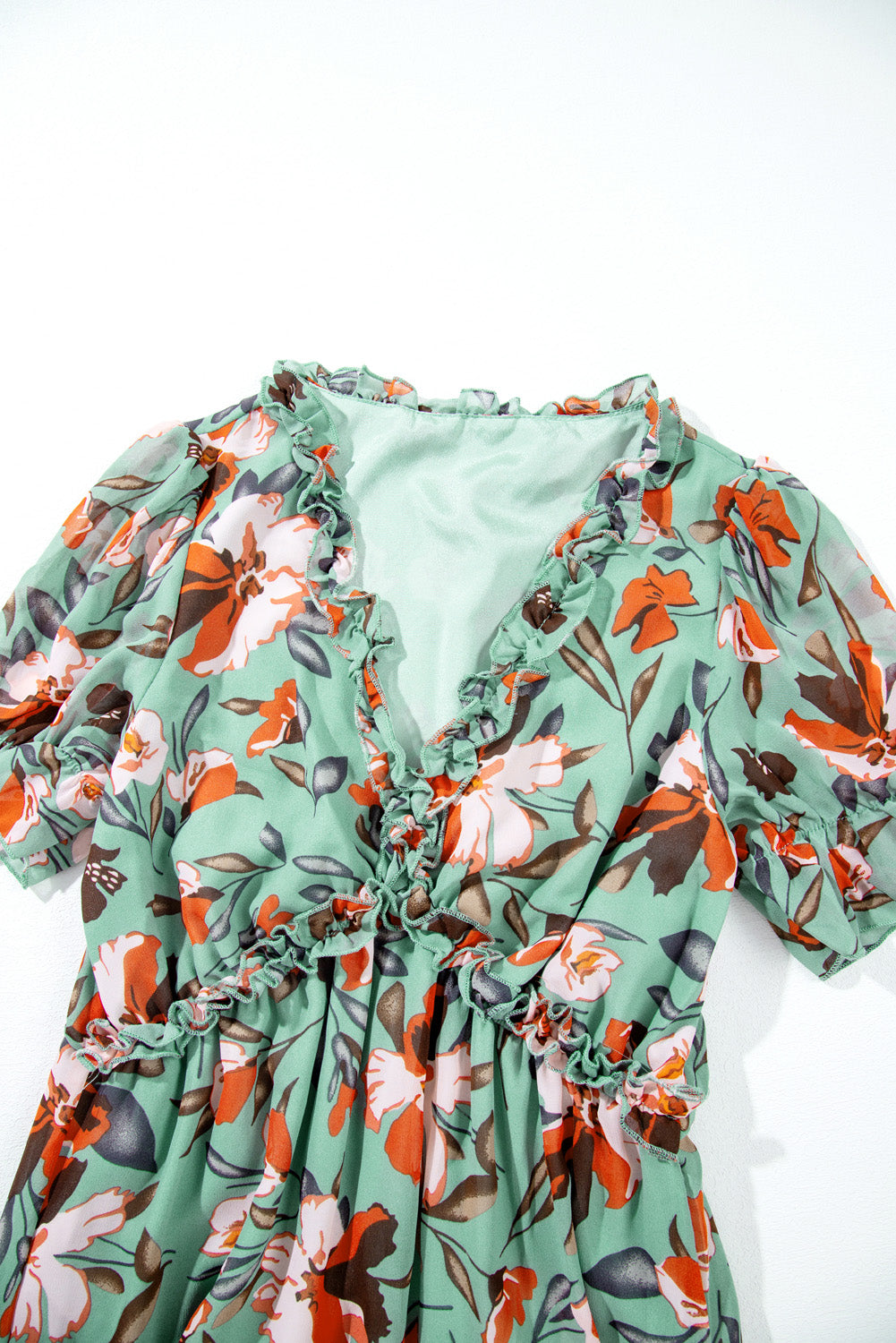 Sky Blue Floral V Neck Ruffle Short Sleeve Maxi Dress