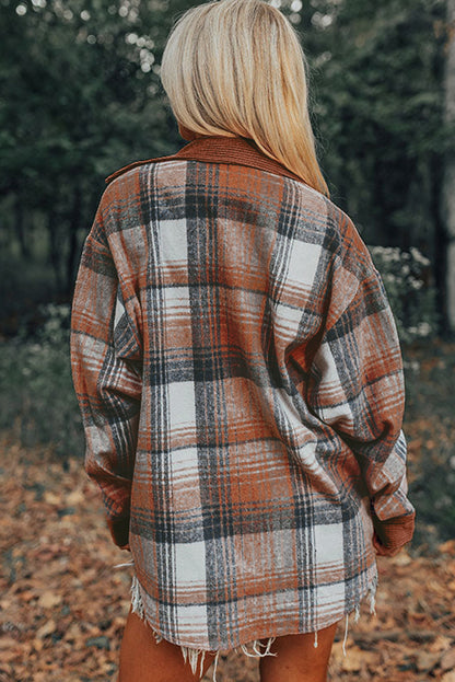 Light Pink Plaid Corduroy Patchwork Pocket Shacket