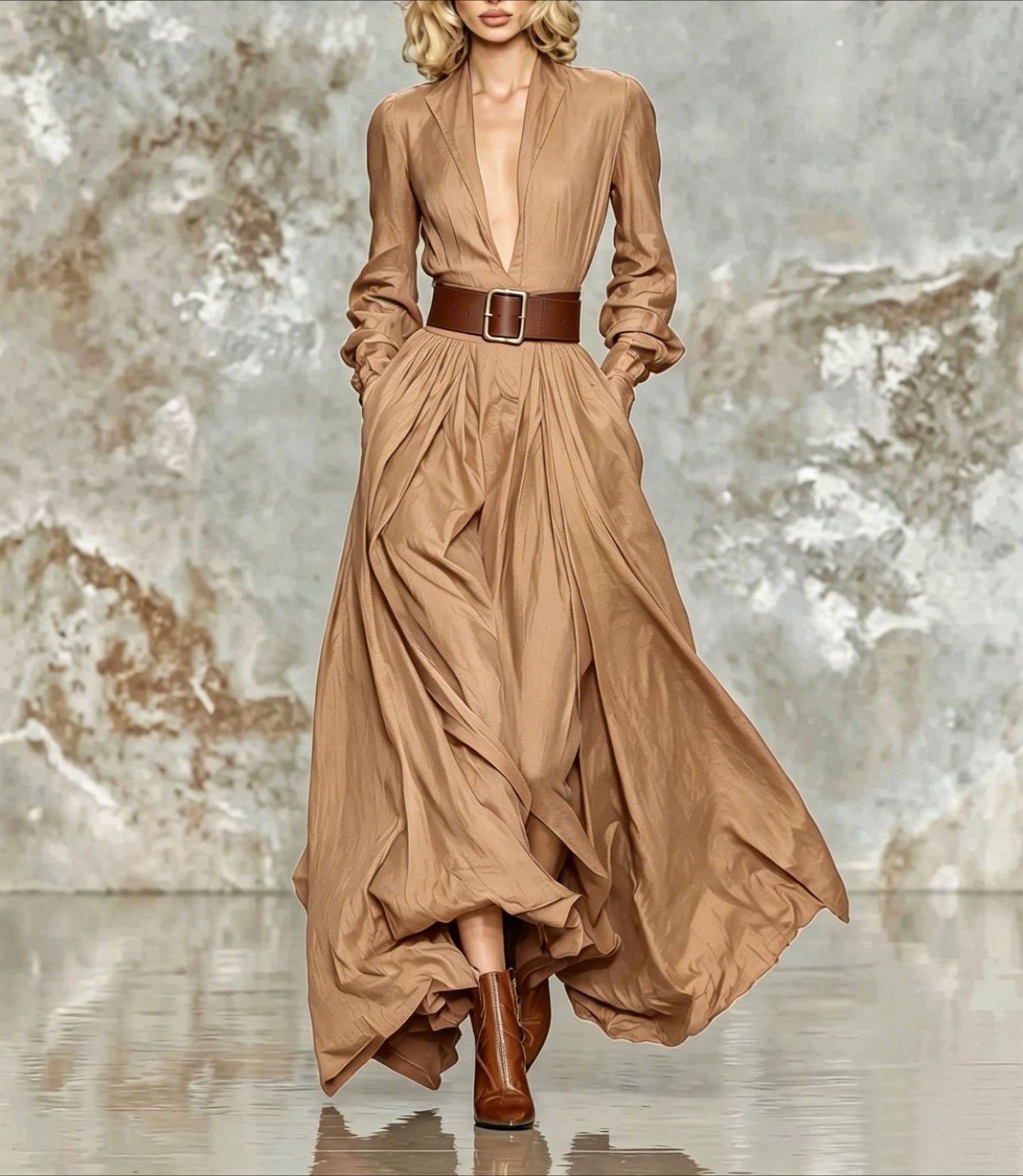 Women Belted Maxi Dress Long Sleeve A-Line Flowy Elegant