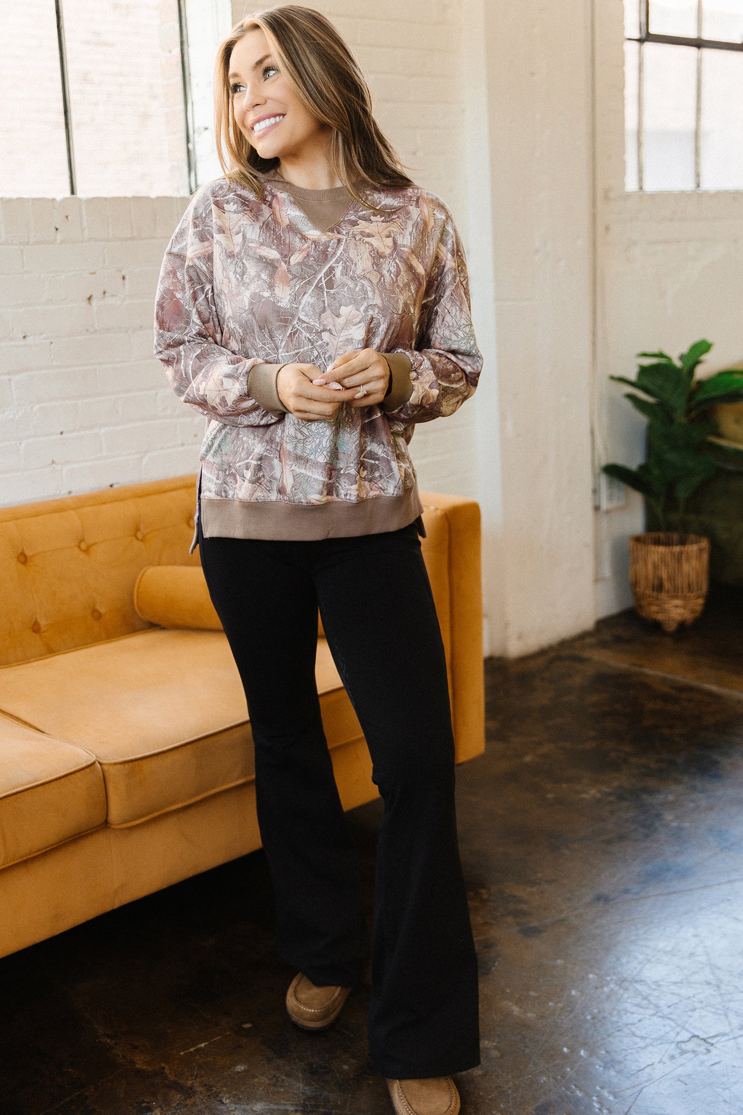 Camo Print Oversized Sweatshirt Colorblock Trim Pullover