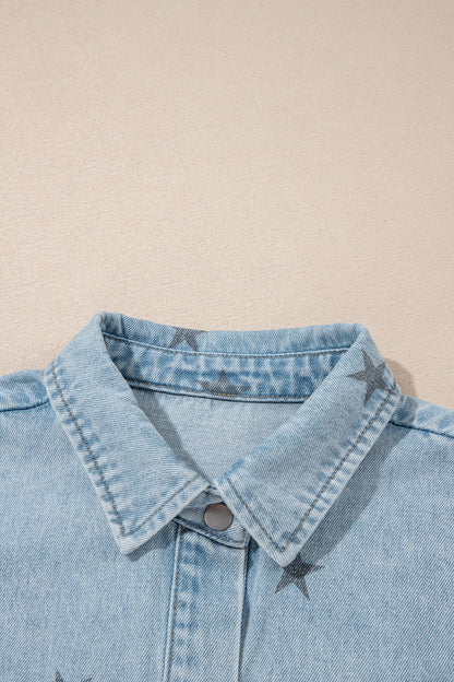 Sky Blue Stars Pattern Long Sleeve Shirt Collar Denim Jacket