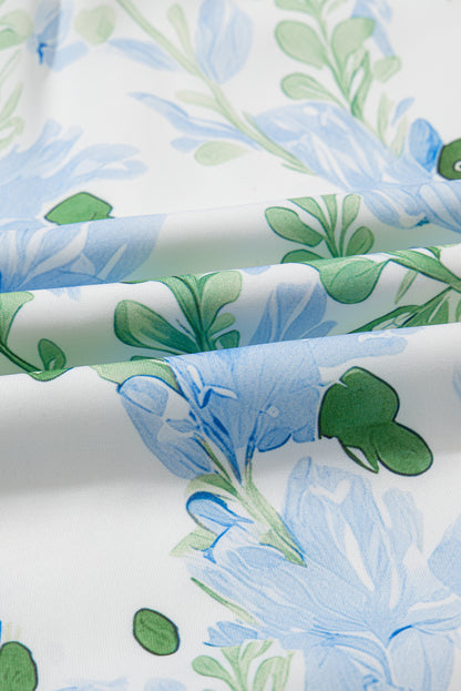 Sky Blue Floral Ruffle Sleeve Tie Neck Mini Dress