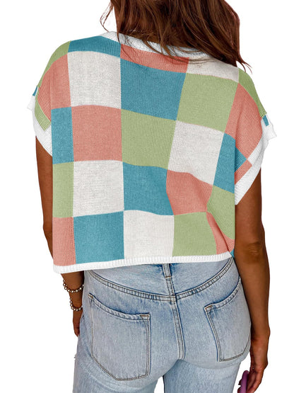 Women’s Colorblock Checkerboard Knit Crop Sweater Tee