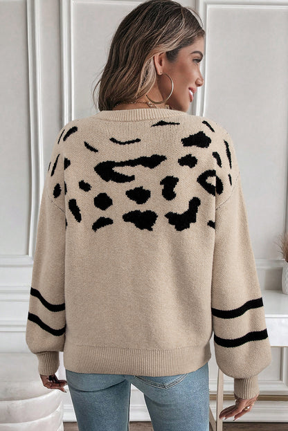 Khaki Leopard Print Drop Shoulder Knit Sweater