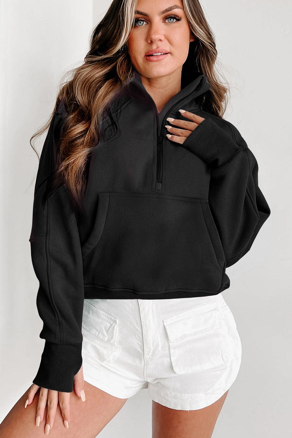 Black Quarter Zip Stand Neck Kangaroo Pocket Sweatshirt