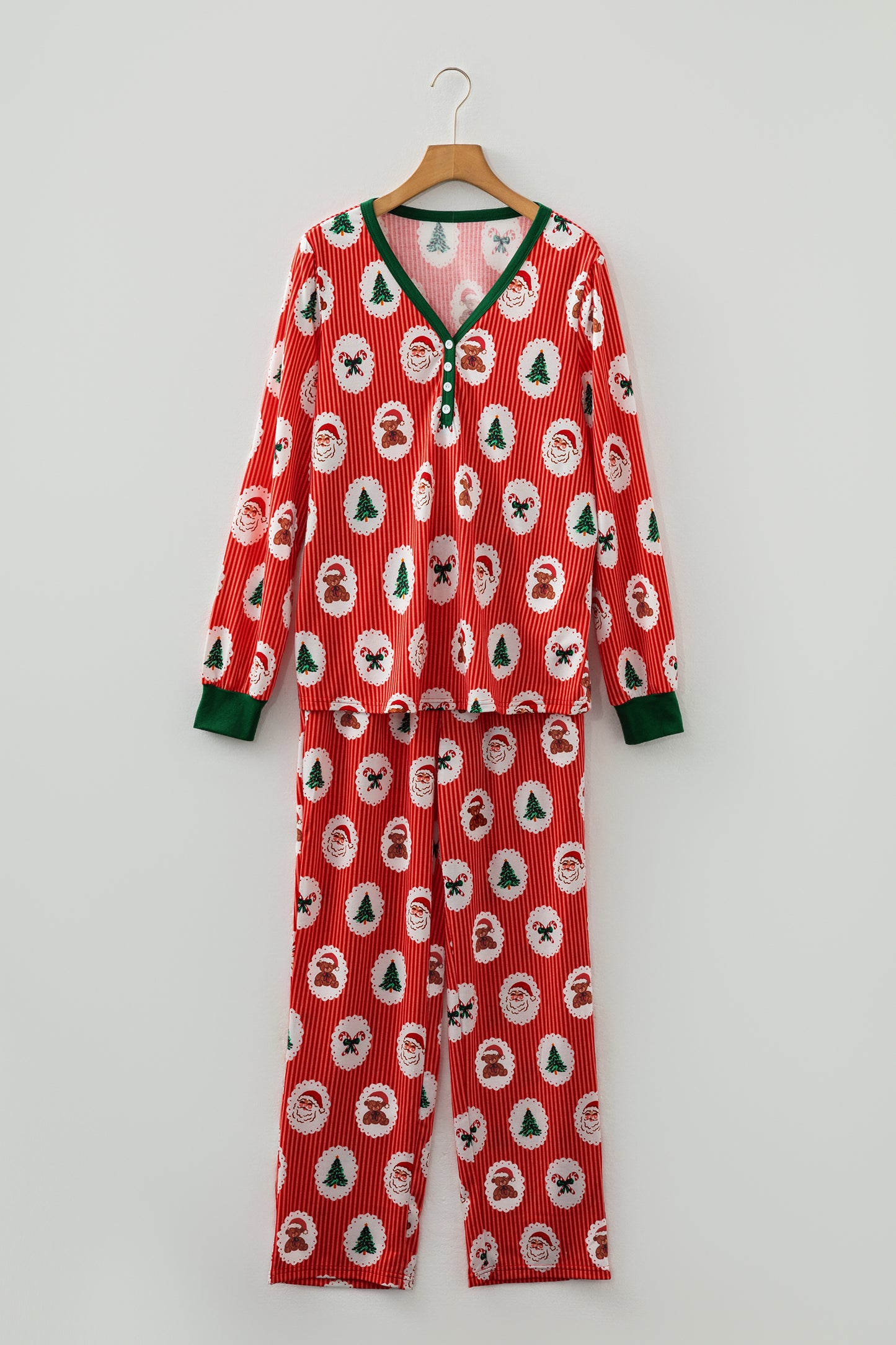 Red Stripe Christmas Fashion Print Henley V Neck Pullover and Jogger Pants 2 Piece Lounge Set