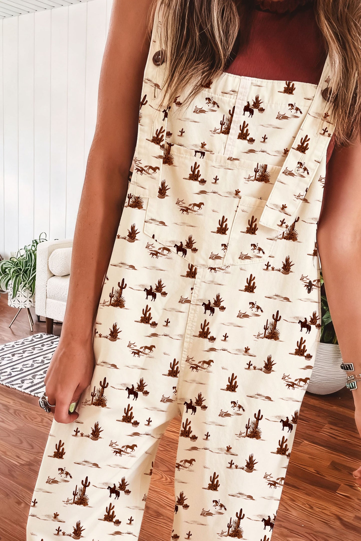 Beige Western Print Adjustable Strap Loose Cotton Jumpsuit