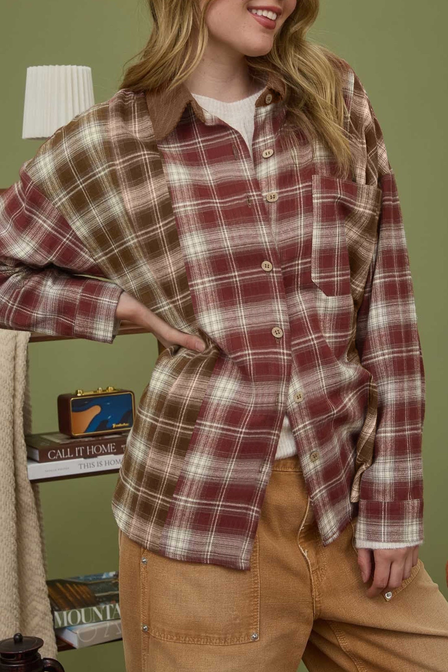 Color Block Plaid Button Down Oversized Flannel Shirt